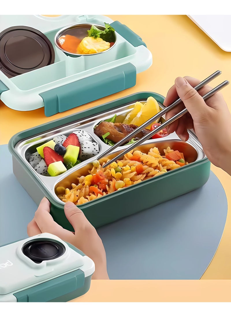 Twisoo 4 Compartment Bento Steel Lunchbox for Teenagers Adults Double Decker SUS 304 Stainless Steel Leakproof Spill proof with Soup Bowl Spoon and Chopsticks (Green)