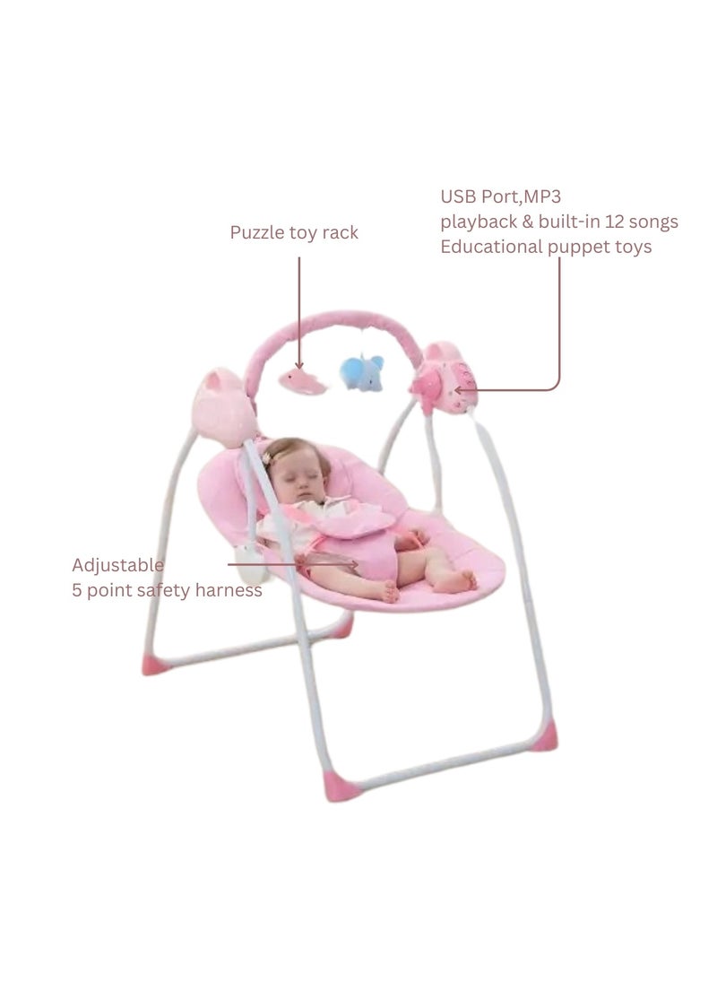 Baby Rocking Chair – Electric Rocking, Remote Control, 5-Point Safety Belt, MP3 & Bluetooth | Soft Headrest, Mosquito Net, Washable & Foldable | 0-12 Months