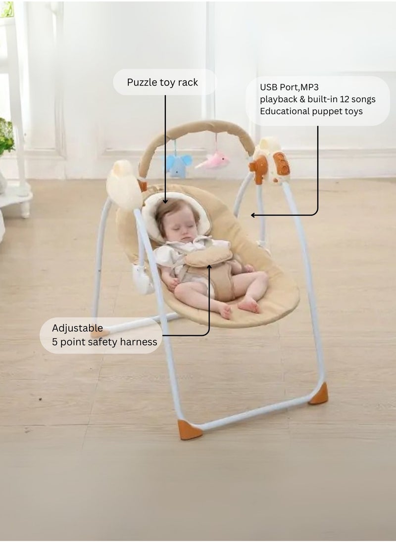 Baby Rocking Chair – Electric Rocking, Remote Control, 5-Point Safety Belt, MP3 & Bluetooth | Soft Headrest, Mosquito Net, Washable & Foldable | 0-12 Months