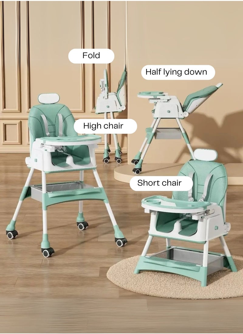 Baby High Chair – 2-in-1 High & Low Chair, Adjustable Tray, 5-Point Seat Belt, 2-Position Backrest, Removable Basket, Easy Folding