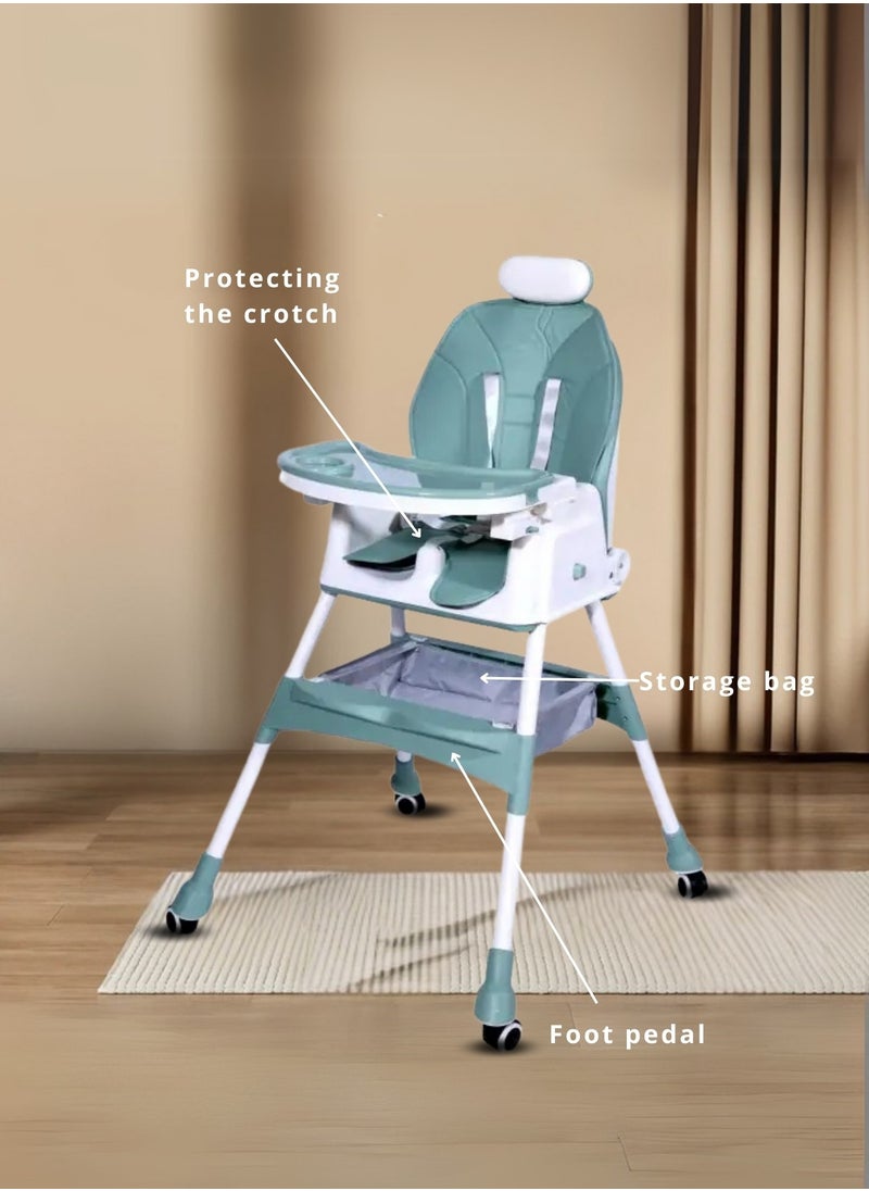 Baby High Chair – 2-in-1 High & Low Chair, Adjustable Tray, 5-Point Seat Belt, 2-Position Backrest, Removable Basket, Easy Folding