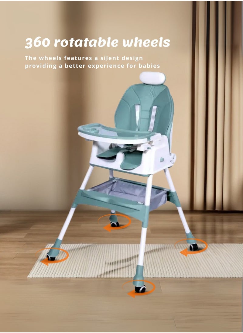 Baby High Chair – 2-in-1 High & Low Chair, Adjustable Tray, 5-Point Seat Belt, 2-Position Backrest, Removable Basket, Easy Folding