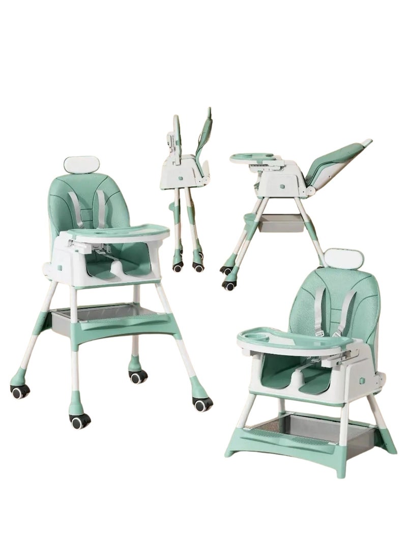 Baby High Chair – 2-in-1 High & Low Chair, Adjustable Tray, 5-Point Seat Belt, 2-Position Backrest, Removable Basket, Easy Folding