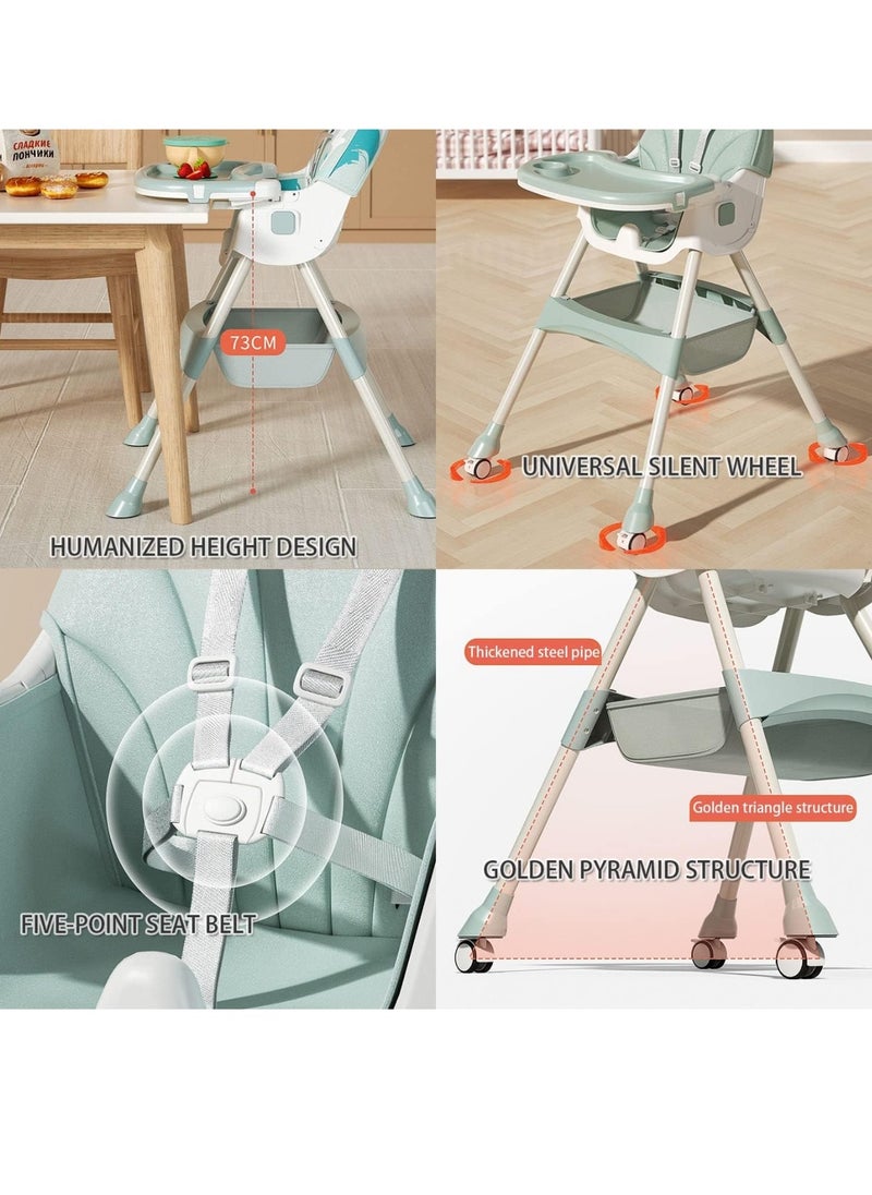 Baby High Chair – 2-in-1 High & Low Chair, Adjustable Tray, 5-Point Seat Belt, 2-Position Backrest, Removable Basket, Easy Folding