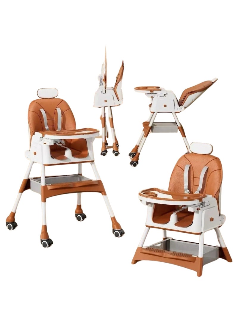 Baby High Chair – 2-in-1 High & Low Chair, Adjustable Tray, 5-Point Seat Belt, 2-Position Backrest, Removable Basket, Easy Folding