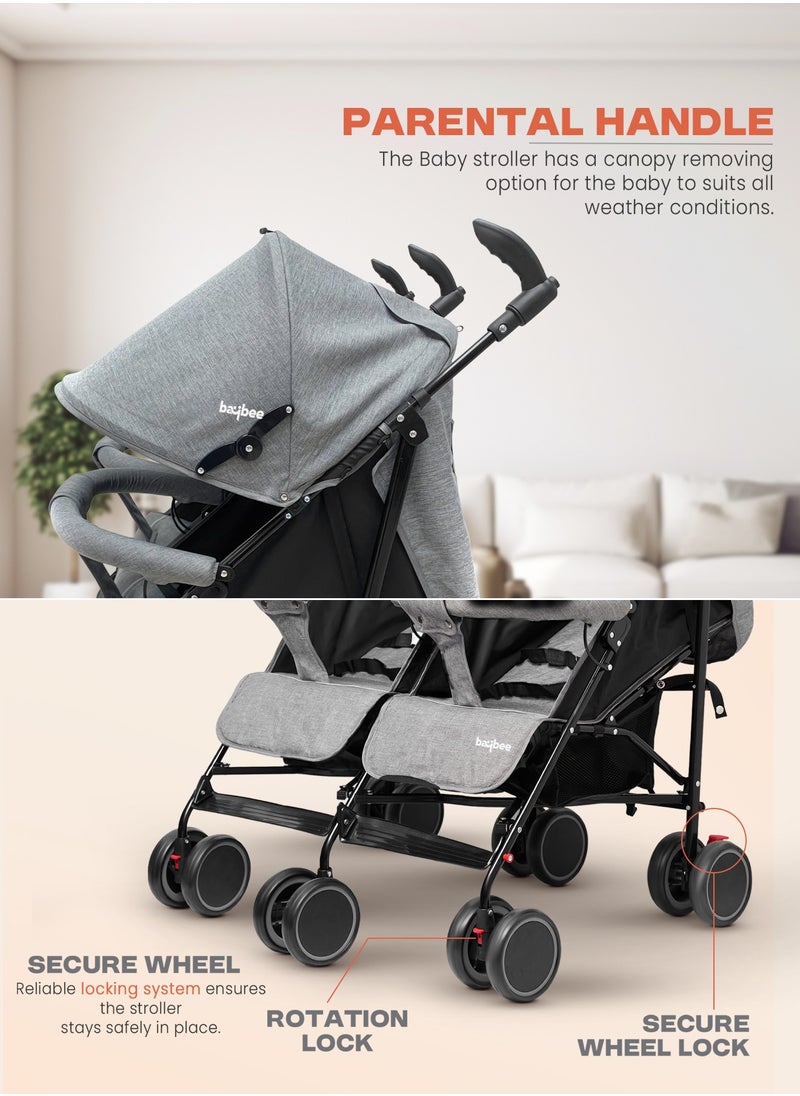 2 in 1 Twin Baby Stroller For Newborn Babies, Double Seat Stroller Twins with Adjustable Canopy, Safety Guardrail, Wheel Lock & Parental Handle | Toddler Stroller for Baby 0 to 4 Years Boy Girl Grey