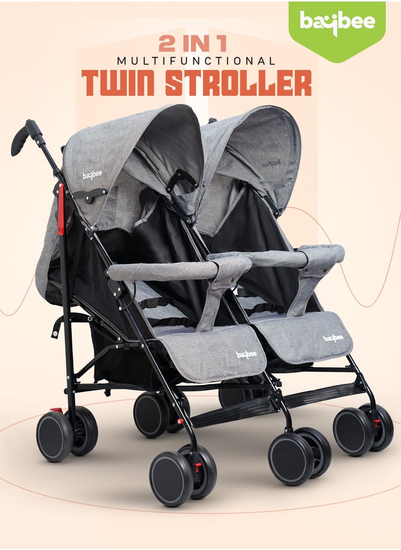 2 in 1 Twin Baby Stroller For Newborn Babies, Double Seat Stroller Twins with Adjustable Canopy, Safety Guardrail, Wheel Lock & Parental Handle | Toddler Stroller for Baby 0 to 4 Years Boy Girl Grey