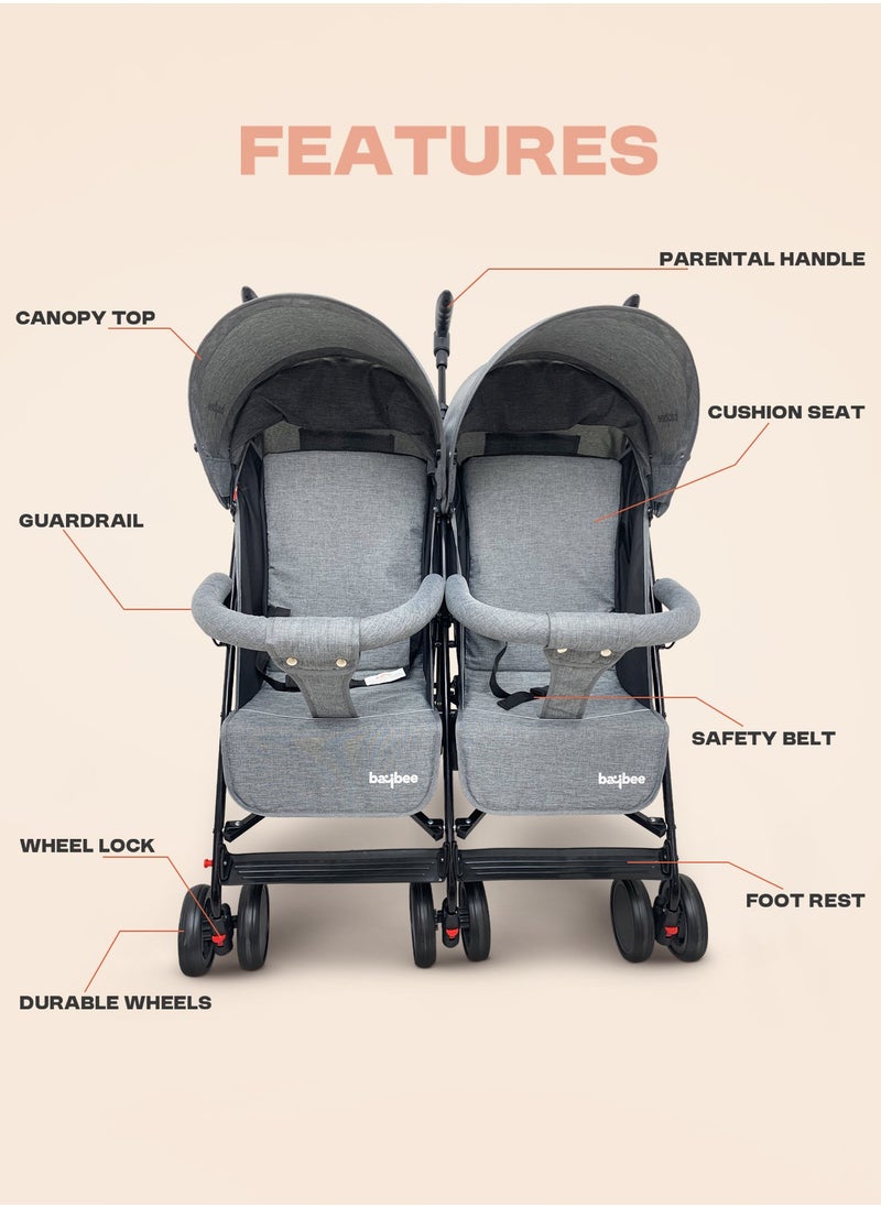 2 in 1 Twin Baby Stroller For Newborn Babies, Double Seat Stroller Twins with Adjustable Canopy, Safety Guardrail, Wheel Lock & Parental Handle | Toddler Stroller for Baby 0 to 4 Years Boy Girl Grey