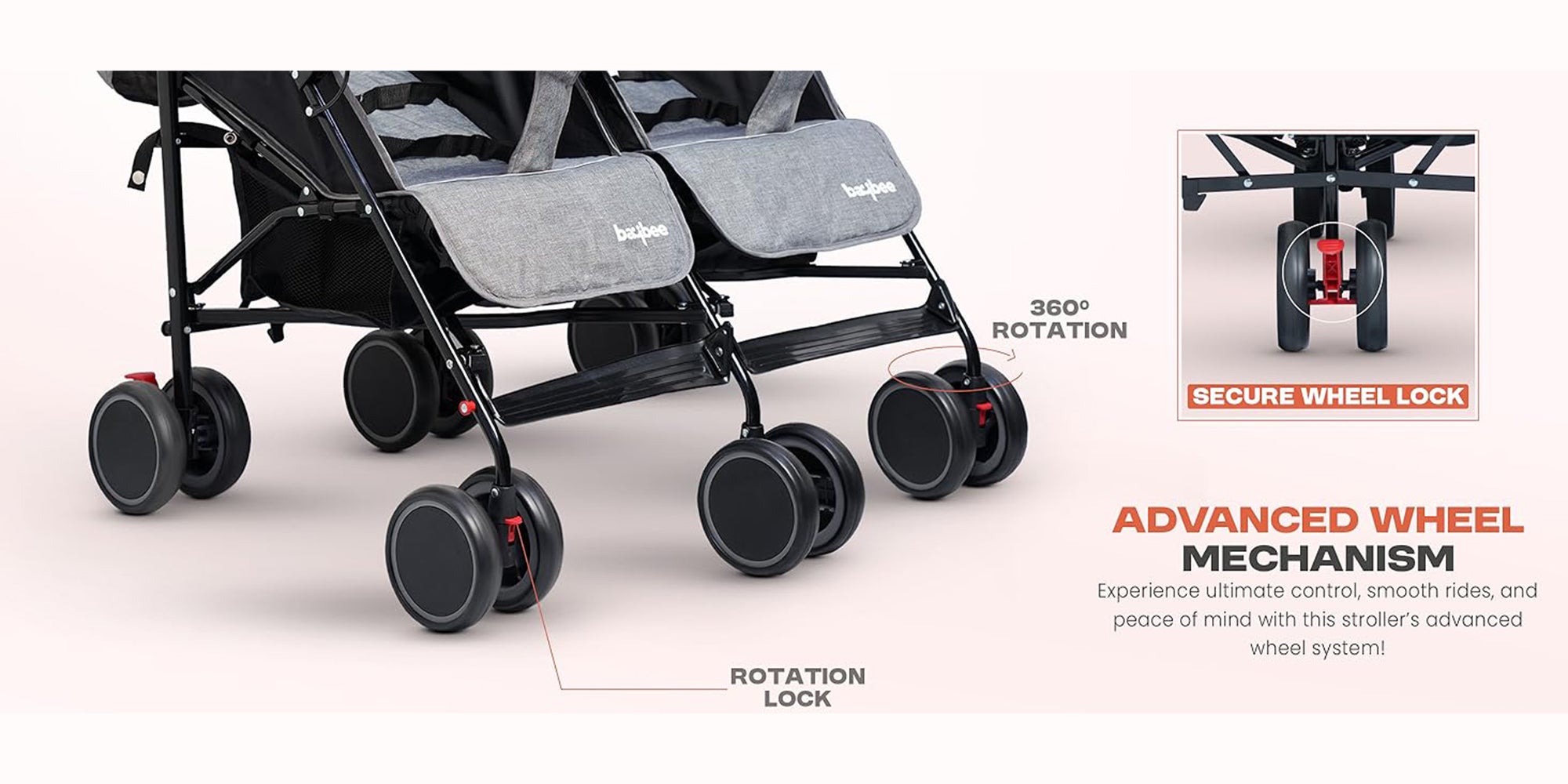 2 in 1 Twin Baby Stroller For Newborn Babies, Double Seat Stroller Twins with Adjustable Canopy, Safety Guardrail, Wheel Lock & Parental Handle | Toddler Stroller for Baby 0 to 4 Years Boy Girl Grey