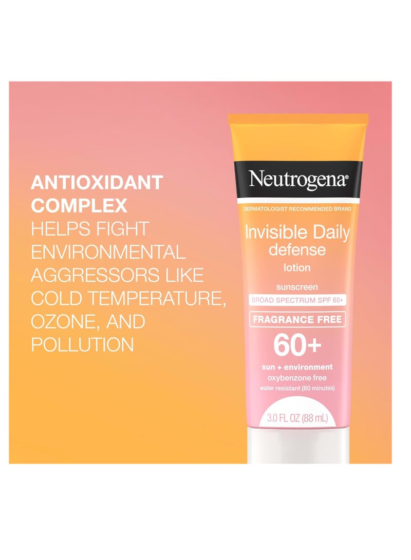 Invisible Daily Defense Fragrance-Free Sunscreen Lotion, Broad Spectrum SPF 60+, Oxybenzone-Free & Water-Resistant, Sun & Environmental Aggressor Protection 3.0 fl ozFluid Ounce