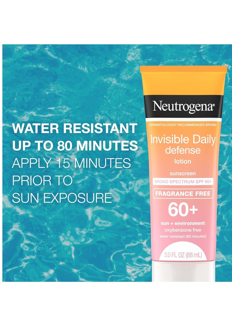 Invisible Daily Defense Fragrance-Free Sunscreen Lotion, Broad Spectrum SPF 60+, Oxybenzone-Free & Water-Resistant, Sun & Environmental Aggressor Protection 3.0 fl ozFluid Ounce