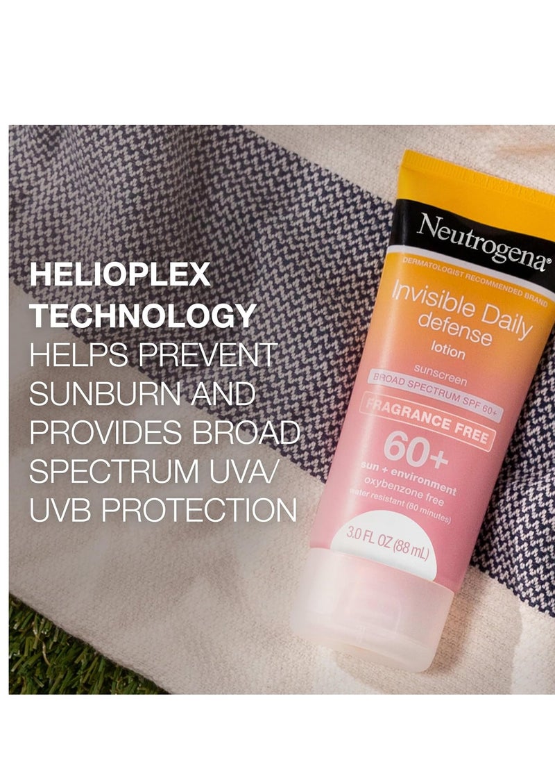 Invisible Daily Defense Fragrance-Free Sunscreen Lotion, Broad Spectrum SPF 60+, Oxybenzone-Free & Water-Resistant, Sun & Environmental Aggressor Protection 3.0 fl ozFluid Ounce