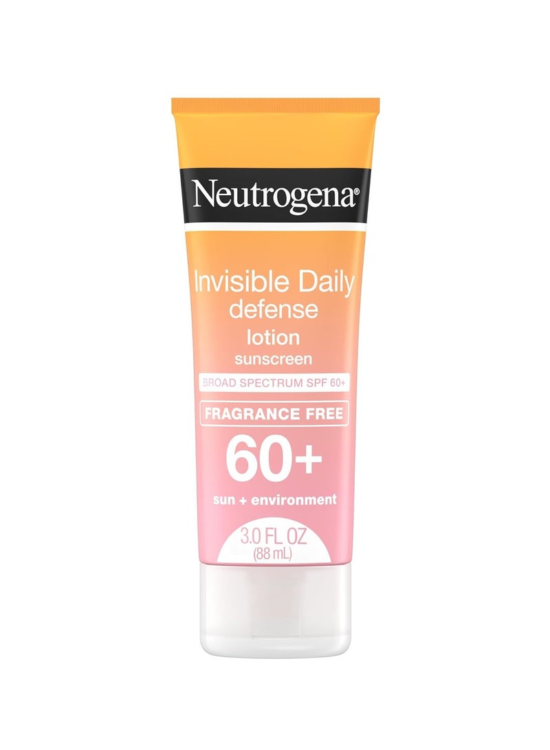 Invisible Daily Defense Fragrance-Free Sunscreen Lotion, Broad Spectrum SPF 60+, Oxybenzone-Free & Water-Resistant, Sun & Environmental Aggressor Protection 3.0 fl ozFluid Ounce