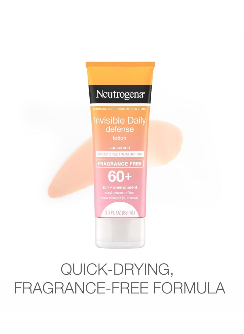 Invisible Daily Defense Fragrance-Free Sunscreen Lotion, Broad Spectrum SPF 60+, Oxybenzone-Free & Water-Resistant, Sun & Environmental Aggressor Protection 3.0 fl ozFluid Ounce