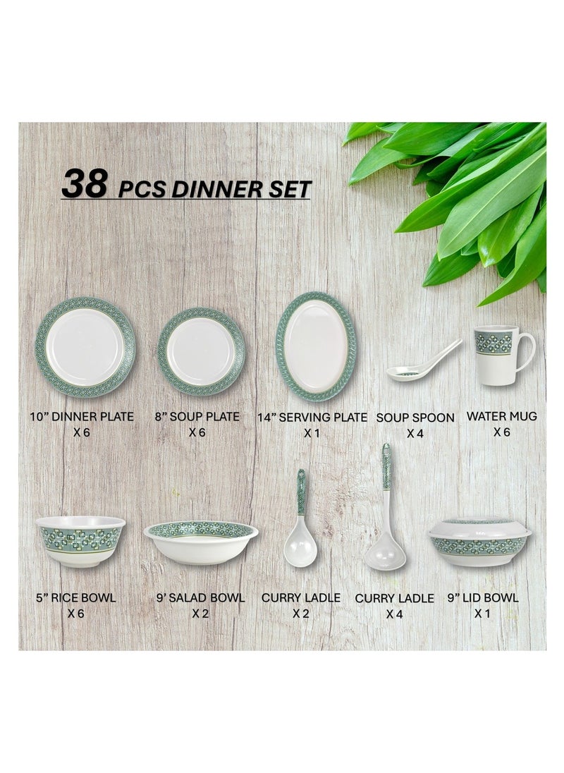 Melrich 38 Pcs Melamine Dinner Set Dinner Soup serving plates curry ladle rice ladle lid bowl water mug and Bowl Dishwasher and Freezer safe Durable and Strong