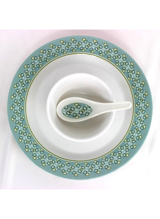 Melrich 26 Pcs Melamine Dinner Set Dinner and Soup plates, salad bowl, serving plate, lid bowl, soup spoon, curry and rice ladle and Bowls Dishwasher and Freezer safe Durable and Strong