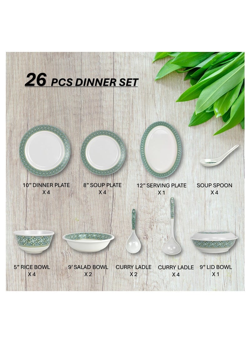 Melrich 26 Pcs Melamine Dinner Set Dinner and Soup plates, salad bowl serving plate lid bowl soup spoon curry and rice ladle and Bowls Dishwasher and Freezer safe Durable and Strong