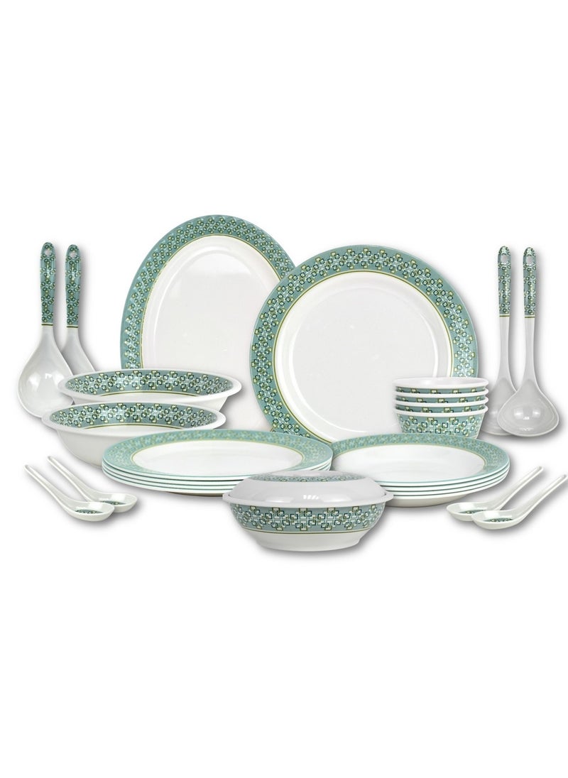 Melrich 26 Pcs Melamine Dinner Set Dinner and Soup plates, salad bowl serving plate lid bowl soup spoon curry and rice ladle and Bowls Dishwasher and Freezer safe Durable and Strong