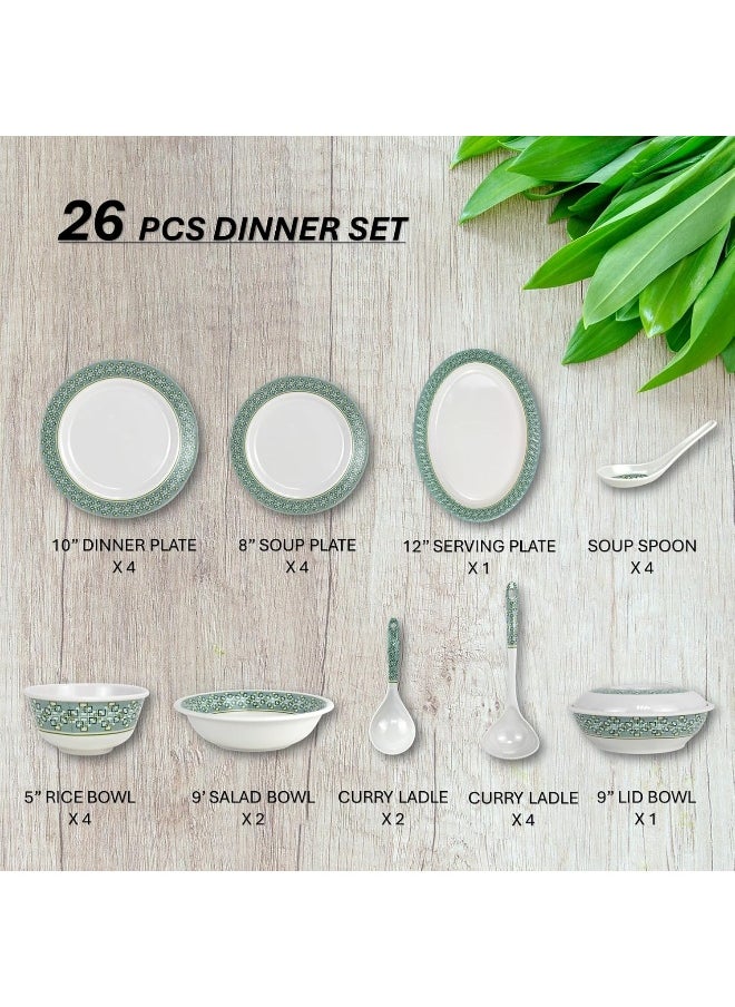 Melrich 26 Pcs Melamine Dinner Set Dinner and Soup plates, salad bowl, serving plate, lid bowl, soup spoon, curry and rice ladle and Bowls Dishwasher and Freezer safe Durable and Strong