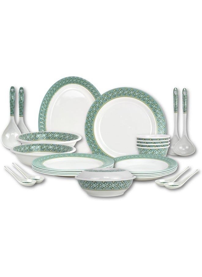Melrich 26 Pcs Melamine Dinner Set Dinner and Soup plates, salad bowl, serving plate, lid bowl, soup spoon, curry and rice ladle and Bowls Dishwasher and Freezer safe Durable and Strong