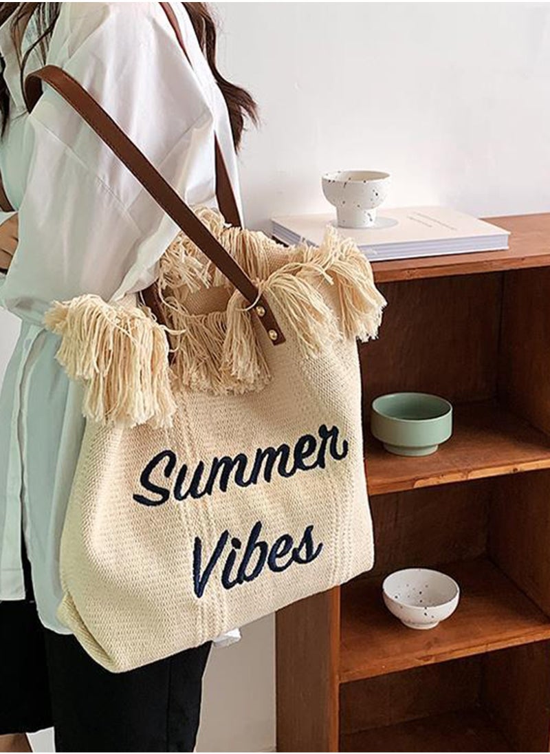 Casual Fringe Large Capacity Tote Bag Letter Embroidered Versatile Beige Shoulder Bag