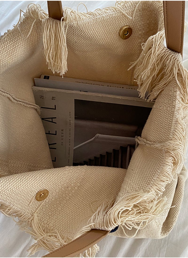 Casual Fringe Large Capacity Tote Bag Letter Embroidered Versatile Beige Shoulder Bag