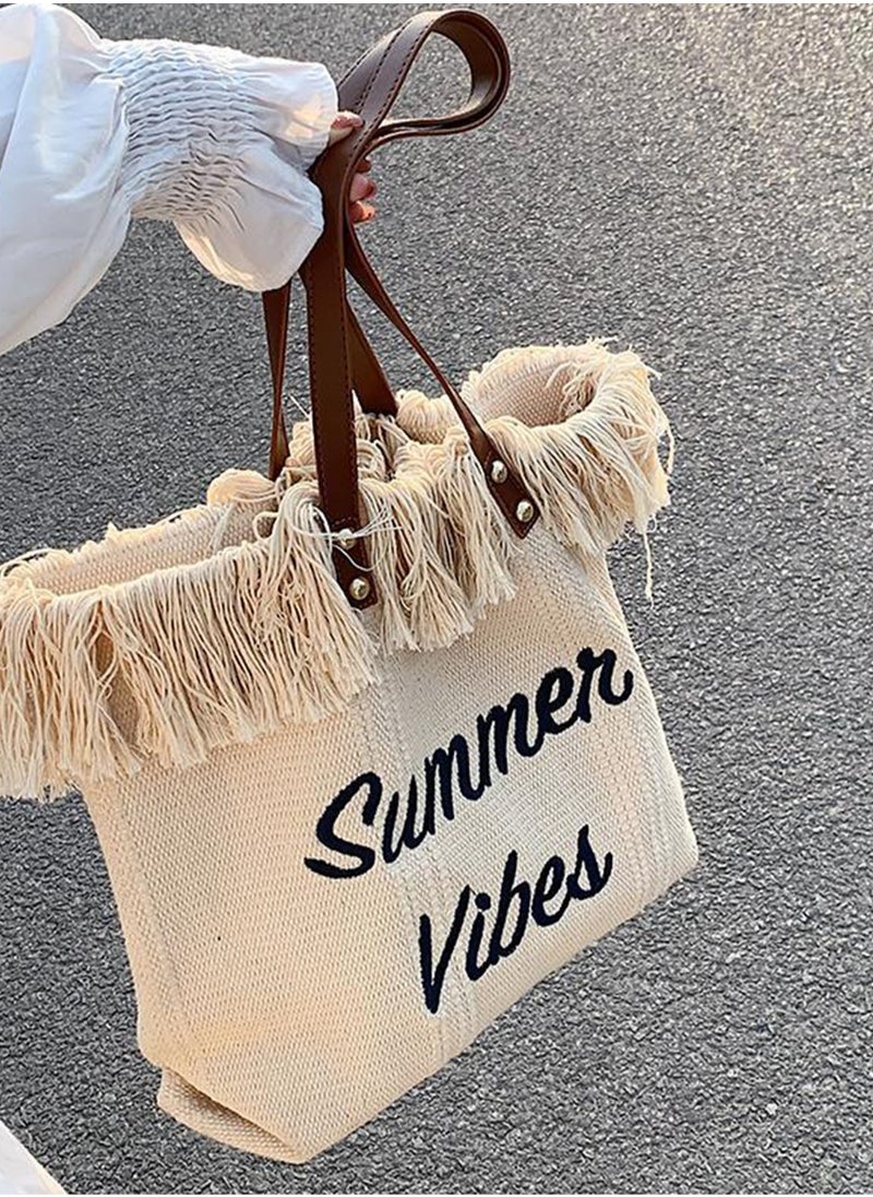 Casual Fringe Large Capacity Tote Bag Letter Embroidered Versatile Beige Shoulder Bag