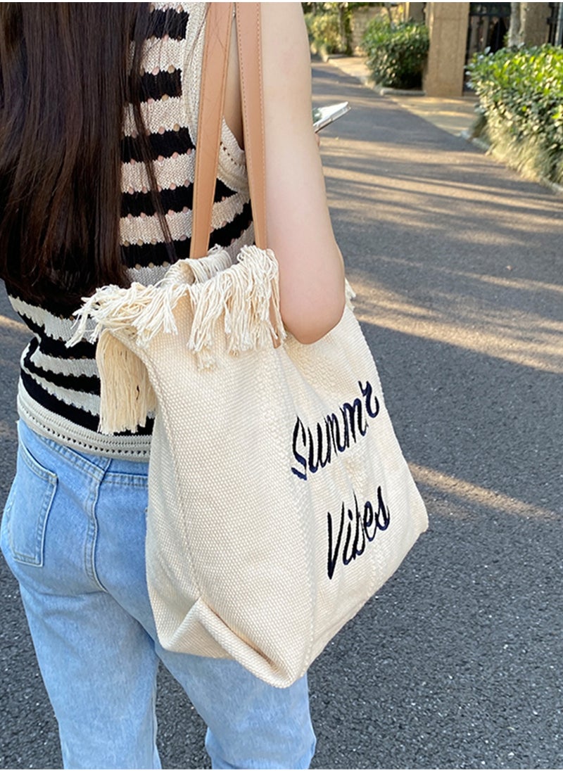 Casual Fringe Large Capacity Tote Bag Letter Embroidered Versatile Beige Shoulder Bag