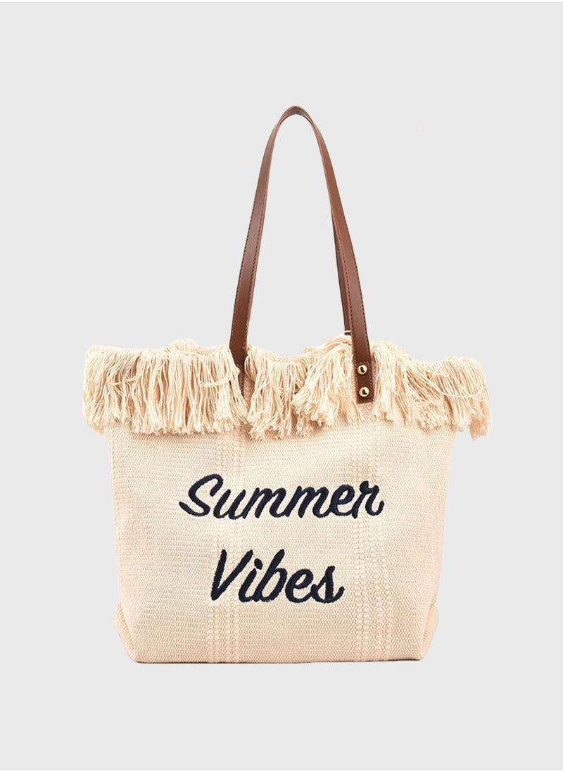 Casual Fringe Large Capacity Tote Bag Letter Embroidered Versatile Beige Shoulder Bag