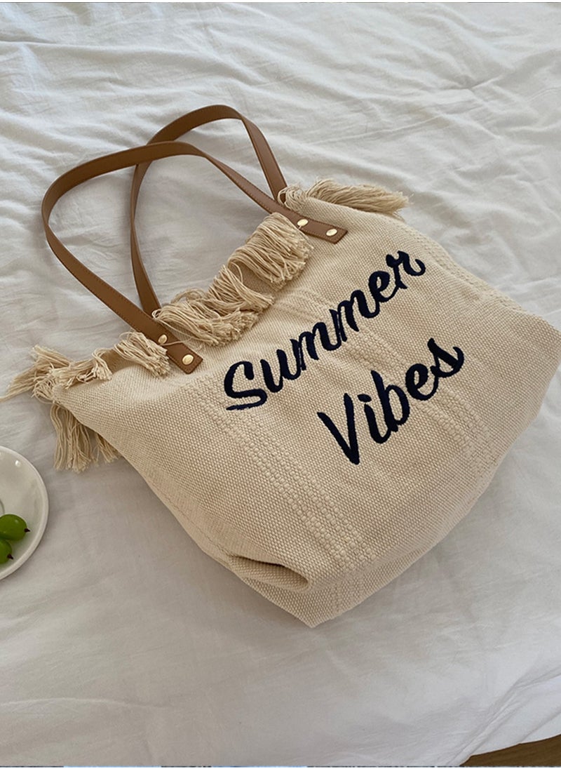 Casual Fringe Large Capacity Tote Bag Letter Embroidered Versatile Beige Shoulder Bag