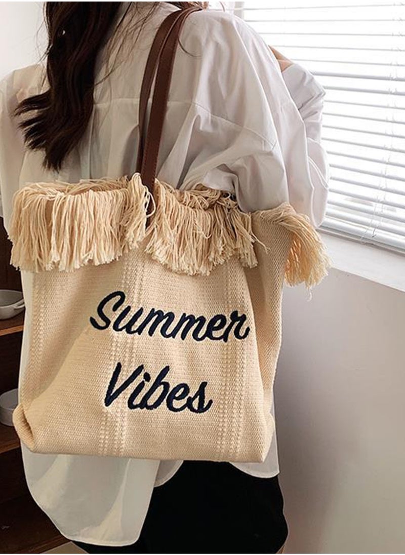 Casual Fringe Large Capacity Tote Bag Letter Embroidered Versatile Beige Shoulder Bag