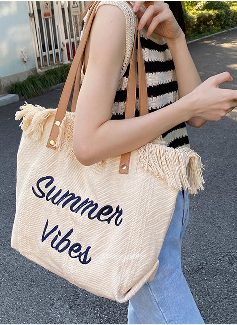Casual Fringe Large Capacity Tote Bag Letter Embroidered Versatile Beige Shoulder Bag