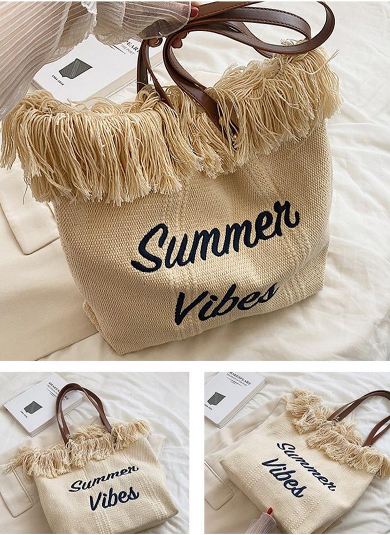 Casual Fringe Large Capacity Tote Bag Letter Embroidered Versatile Beige Shoulder Bag