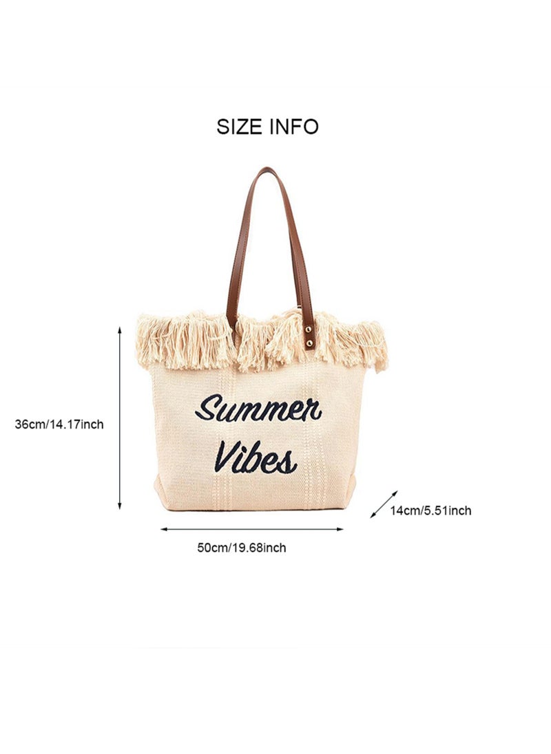 Casual Fringe Large Capacity Tote Bag Letter Embroidered Versatile Beige Shoulder Bag
