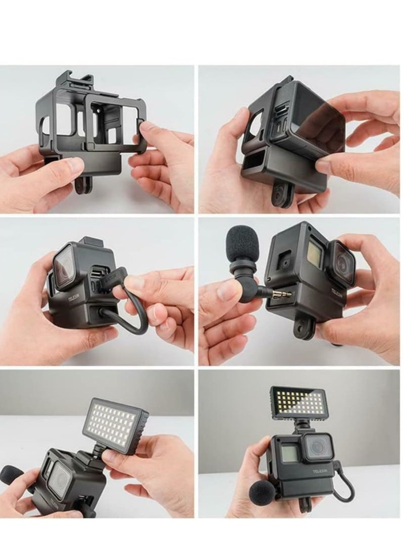 TELESIN photo studio GP-VSS-001 Vlog Cage Extension Frame LED Light Mini Microphone Vlog Kit for Gopro 7/6/5 Sports Cam DSLR Vlog Accessories Kit for GoPro 7/6/5 Black