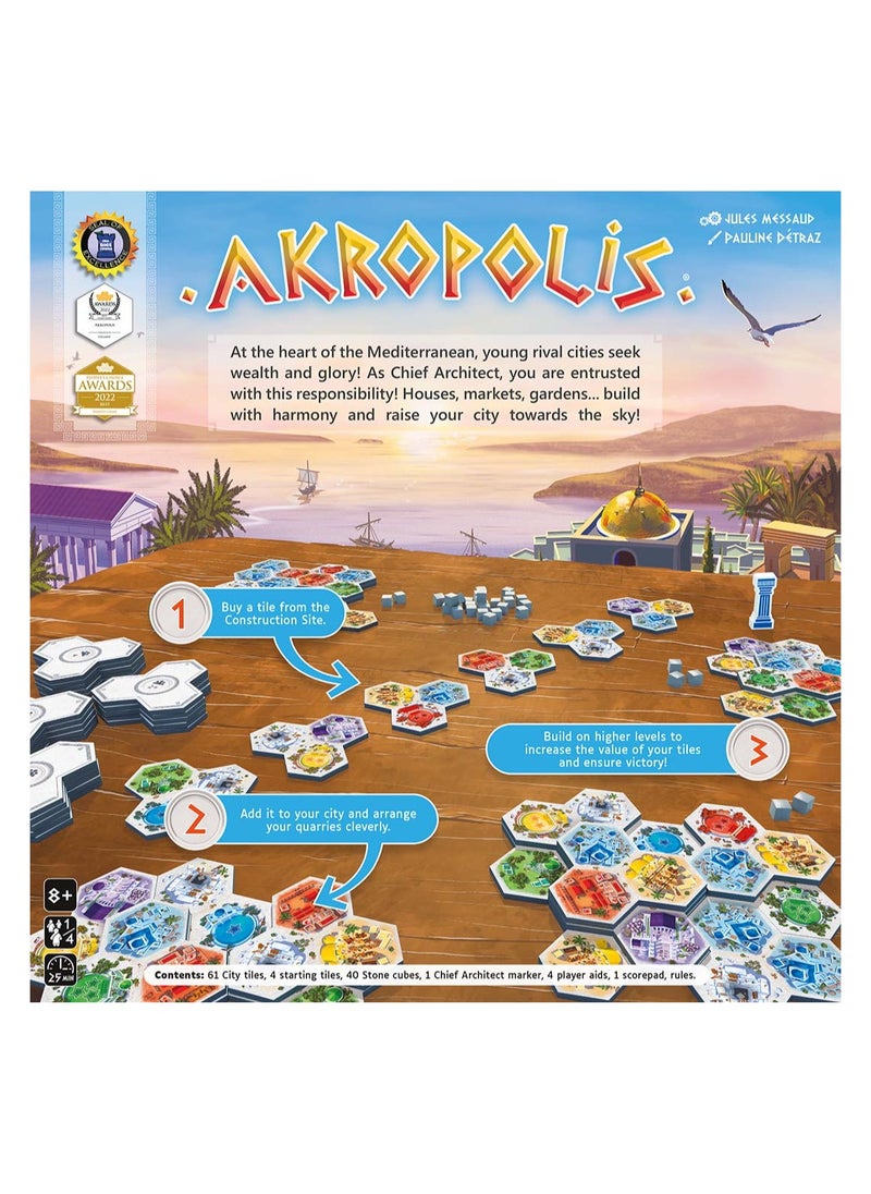Akropolis Board Game | Official Version | English And Arabic Language | Strategy Game for Teens and Adults | City-Building Game with 3D Tiles | Ages 8+ | for 2 to 4 Players