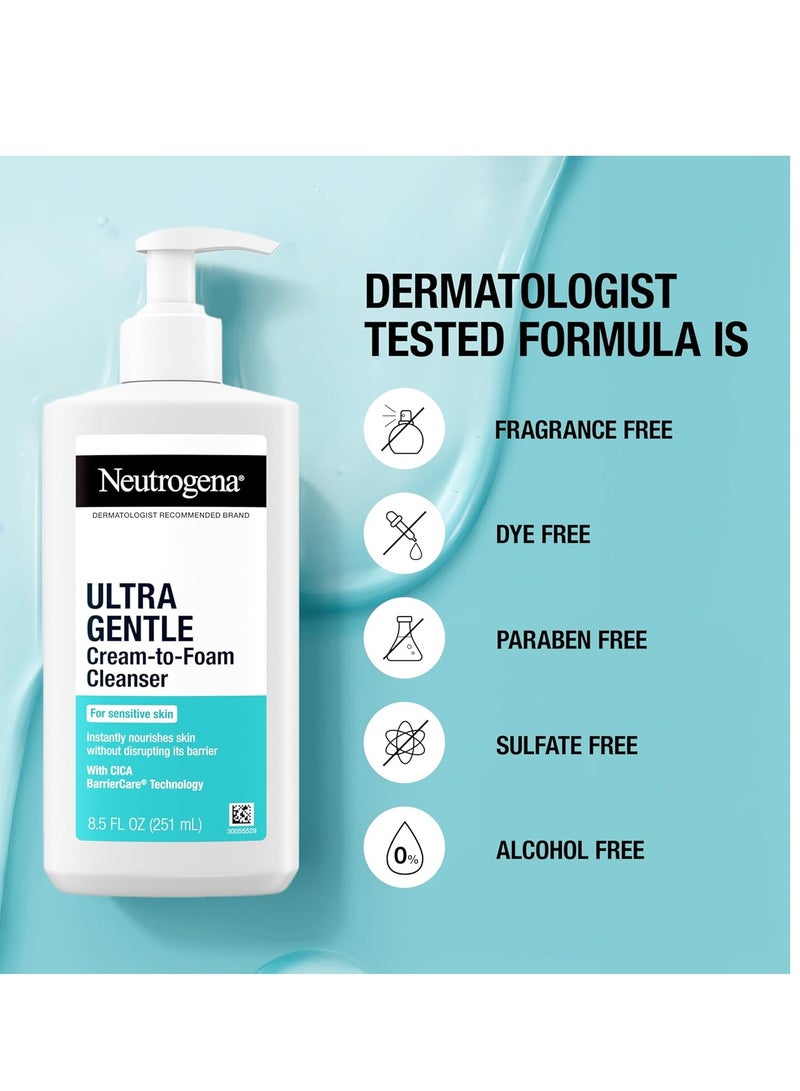 Ultra Gentle Cream-to-Foam Daily Facial Cleanser, Transforms from a Creamy Cleanser to a Foaming Face Wash, Gently Cleanses Sensitive Skin, Fragrance-Free, Hypoallergenic 8.5 fl ozFluid Ounce