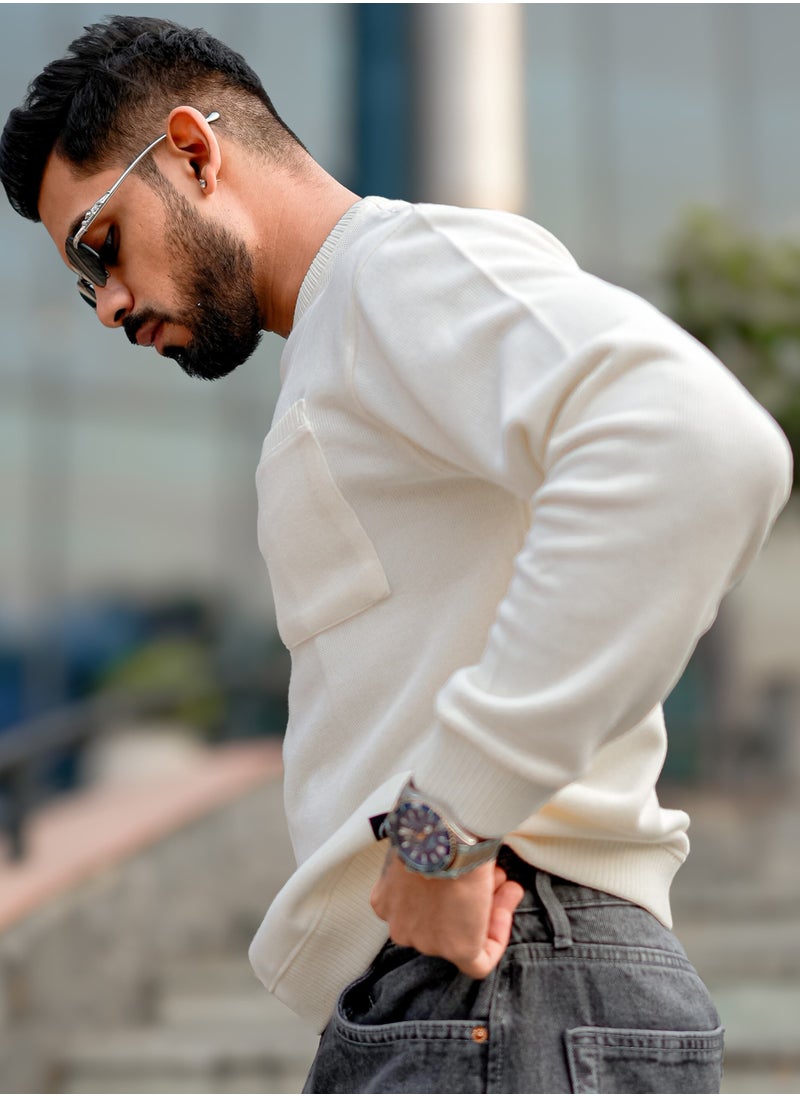 Maniac Men Solid Round Neck Full Sleeve Off White Cotton Sweatshirt