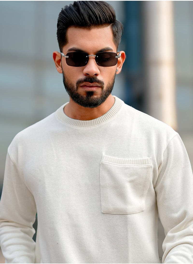 Maniac Men Solid Round Neck Full Sleeve Off White Cotton Sweatshirt