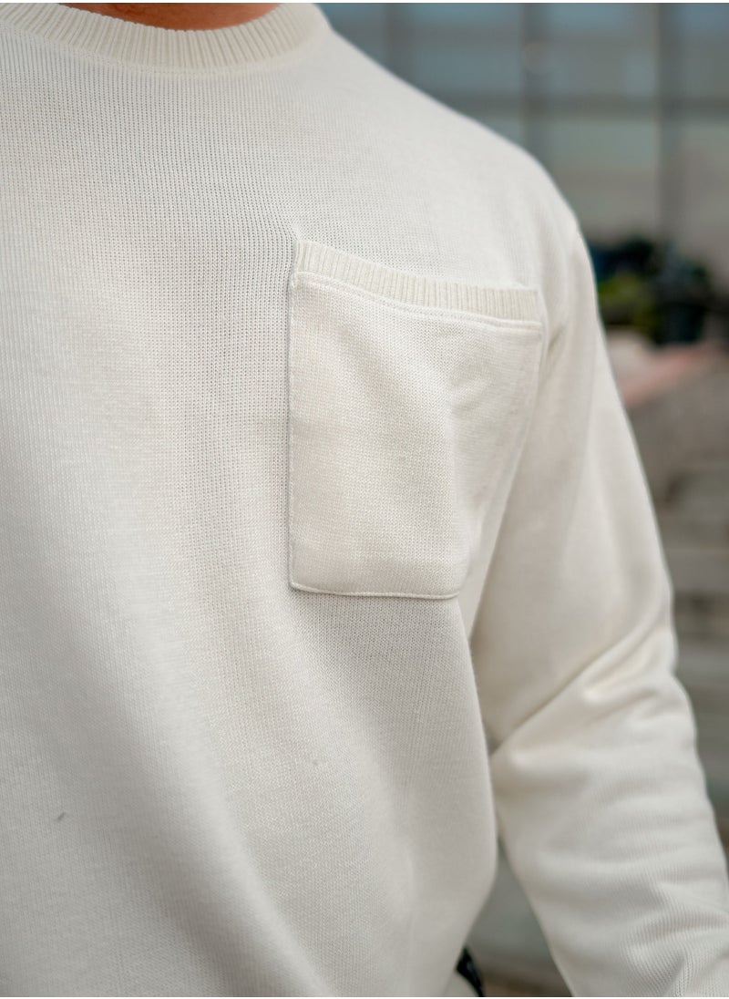 Maniac Men Solid Round Neck Full Sleeve Off White Cotton Sweatshirt