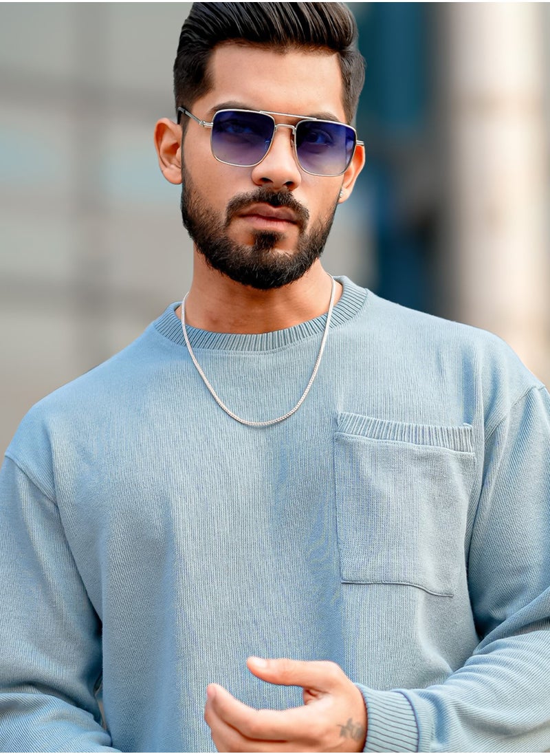 Maniac Men Solid Round Neck Full Sleeve Light Blue Coarse knit Sweatshirt