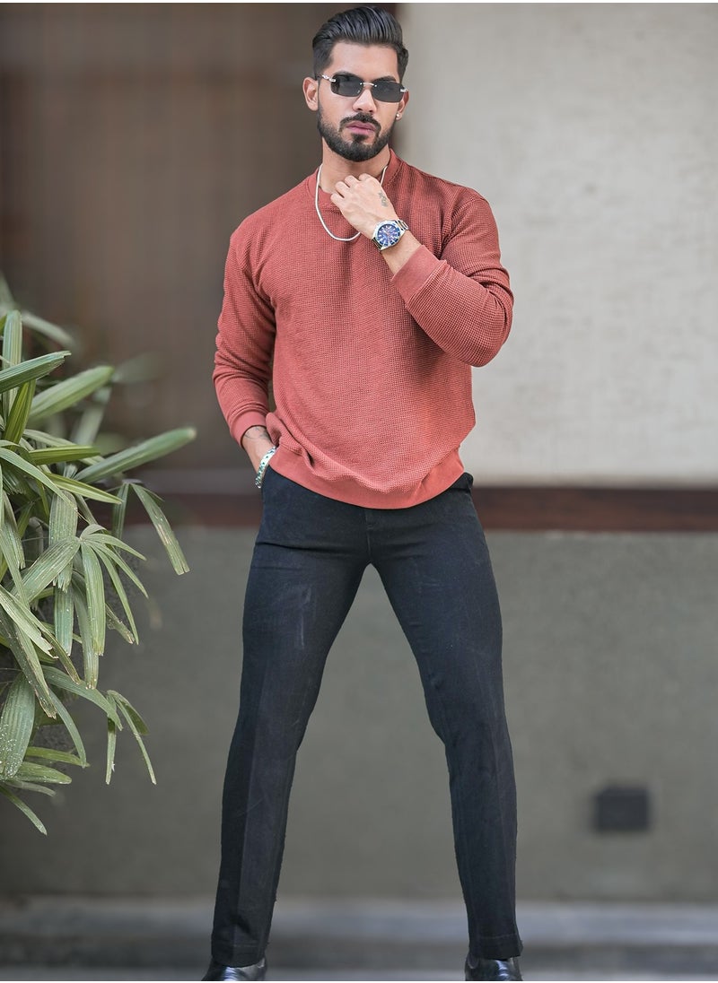 Maniac Men Solid Round Neck Full Sleeve Rust Cotton Sweatshirt