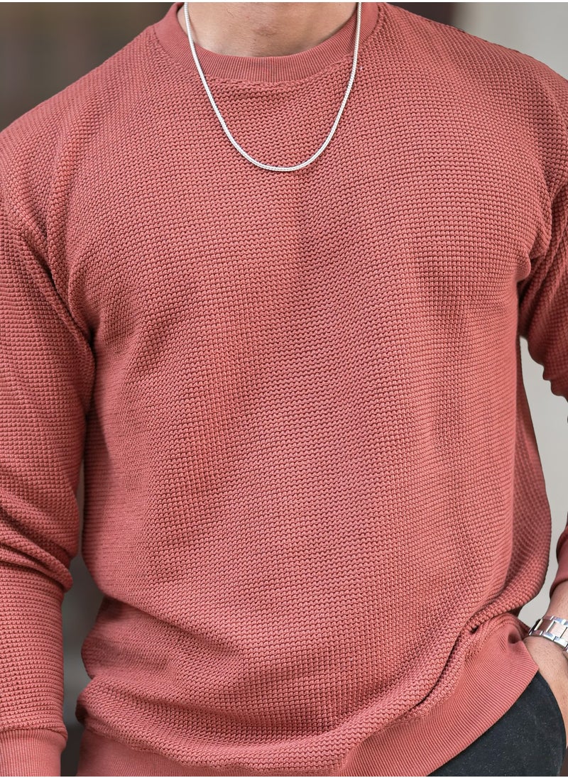 Maniac Men Solid Round Neck Full Sleeve Rust Cotton Sweatshirt