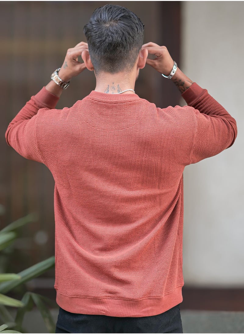 Maniac Men Solid Round Neck Full Sleeve Rust Cotton Sweatshirt