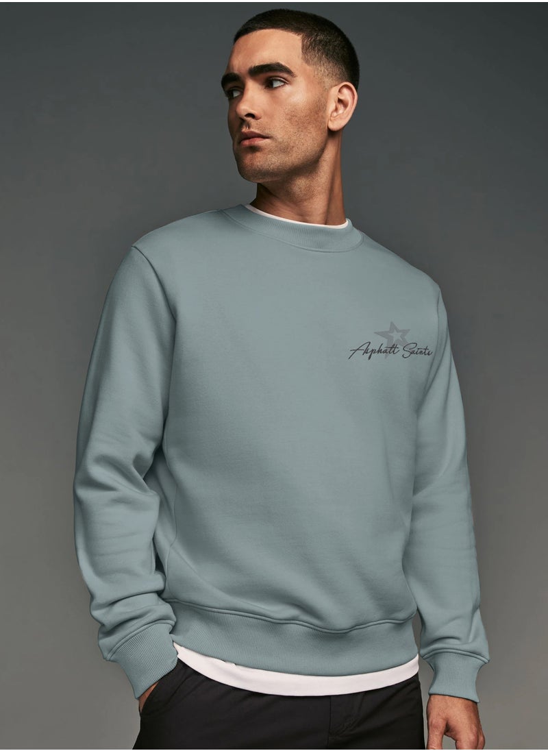 Maniac Men Printed Round Neck Full Sleeve Light Grey Cotton Fleece Oversized Sweatshirt