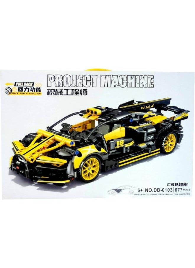 Racing Sports Car Building Blocks Kit for 6+, 677+ PCS, Durable ABS Plastic Construction Set, Educational STEM, Collectible Model, Back Force Function, Yellow/Black.