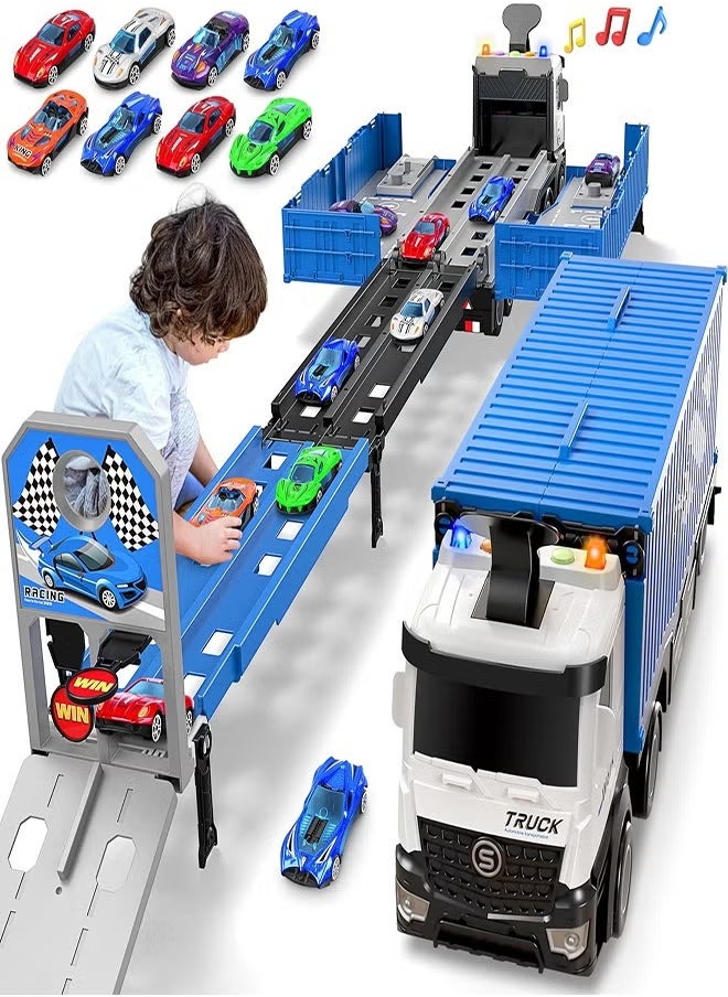 Race Car Track Toy Truck Toy with Slots u0026 Foldable Race Tracks Transport Car Carrier Toy for Toddlers Cars Toy Set Container Truck Toy with 8 Alloy Cars Vehicles Toy Set for 3+ Kids Boys Girls