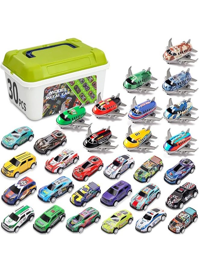 30 Pcs Pull Back Toy Cars Airplanes with Storage Box, Alloy Mini Race Push and Pull Back Cars Planes Vehicles Toys for Kids, Party Favors Toy Cars Suitable Kids Gifts For Kids 3+ Years