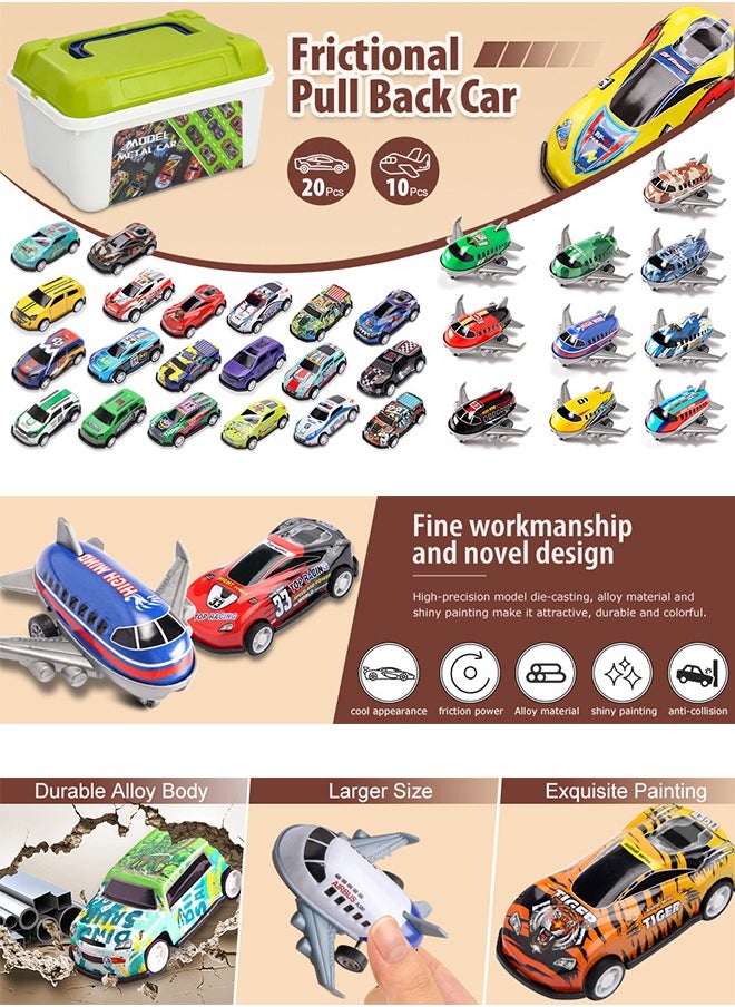 30 Pcs Pull Back Toy Cars Airplanes with Storage Box, Alloy Mini Race Push and Pull Back Cars Planes Vehicles Toys for Kids, Party Favors Toy Cars Suitable Kids Gifts For Kids 3+ Years