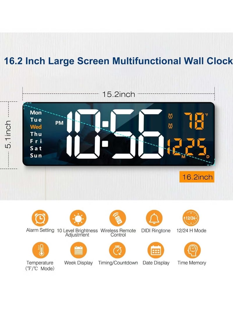 16.2-Inch Large LED Digital Wall Clock with Remote Control – Auto Brightness Dimmer, Date, Week & Temperature Display | Clear, Easy-to-Read Clock for Living Room, Bedroom & Office | Modern Plastic Design for Home & Office Use